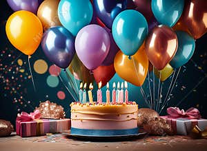 Birthday Party Decorations with Colorful Balloons, Candlelit Cake, and Ribbon-Wrapped Gifts