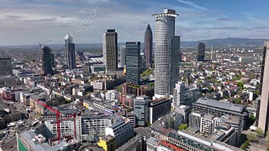 Dolly Flight through Frankfurt am Main, Germany. Skyline, New Skyscrapers. Urban Canyon.