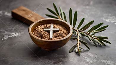 Ash wednesday concept featuring ashes, cross and olive branch