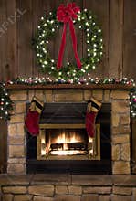 Christmas Fireplace Hearth with Wreath and Stockings
