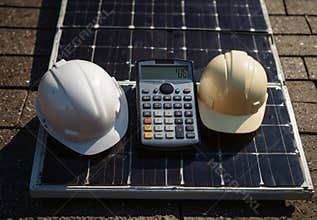 Engineers calculating costs of installing solar panels on rooftop