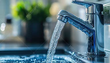 Modern plumbing fixture with flowing water in a stylish kitchen at daytime