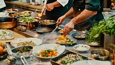 A chef carefully prepares a dish in a commercial kitchen, surrounded by ingredients and prepped meals, Creative dishes being