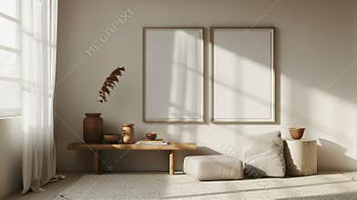 Earthy living room with minimalist frames mockup and natural materials, ai generated