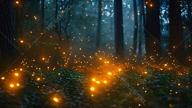 A mesmerizing forest scene filled with numerous fireflies emitting a radiant yellow glow, A whimsical display of fireflies