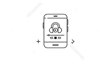 Smartphone screen showing headphones, play button, controls.