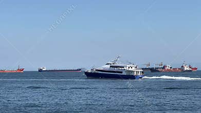 Istanbul, the Marmara Sea, the freight ships anchored on the horizon, Türkiye.