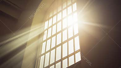 Arched window is casting a pattern of light and shadow as the sunlight streams through