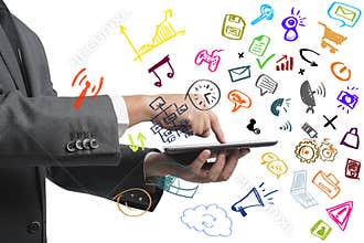 Businessman working with tablet and social media