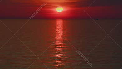 Tropical Sunset On Beach. Ocean Colors Sky And Waves In Red Color.