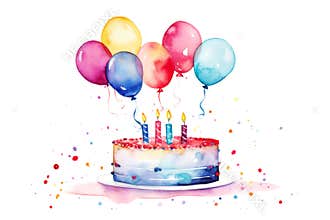 Watercolor Birthday Cake with Candles and Balloons
