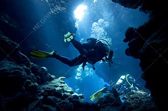 Scuba divers in underwater cave