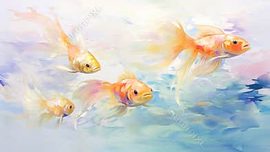 Exotic fish light background. Transparent watercolour. Pastel colour palette. Generative AI