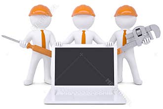 Team 3d humans with tools near the laptop