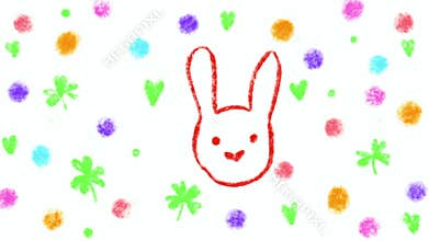 Funny Easter rabbit turning into Easter egg. Hand drawn crayon background with polka dot and Easter symbols. Cartoon