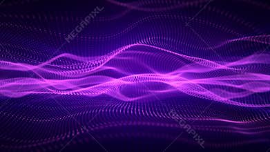 Energy waves of elegant pink lines with glowing particles on a shiny purple background