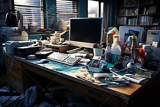 A big mess on the desk and in the office. Desk cleaning day