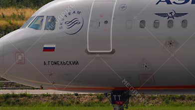 Airbus A321 of Aeroflot taxiing, close up