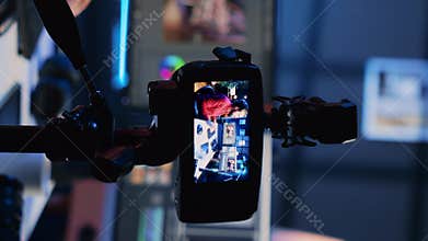 Vertical video Professional camera equipment used by videographer in creative studio