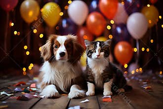 A cute couple, cat and dog, they celebrate and pose for photos, balloons and flashes of light in the background