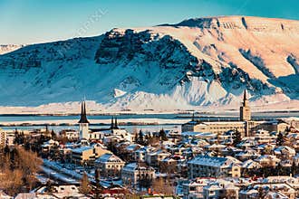 Reykjavik city view of Hallgrimskirkja from Perlan Dome, Iceland