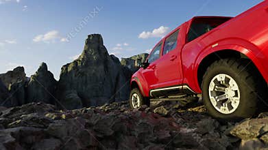 Nissan Pickup Truck on top of Rocky Mountain Landscape. Adventure 3d Rendering Artwork