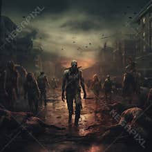 The zombie apocalypse. Ruined city. Fantastically catastrophic landscape