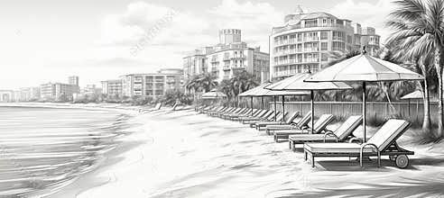Seaside beach scene with umbrellas and sun loungers, cartoon style character for coloring book