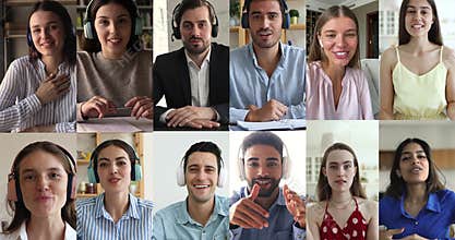 Group of different businesspeople, students, bloggers talk via videocall