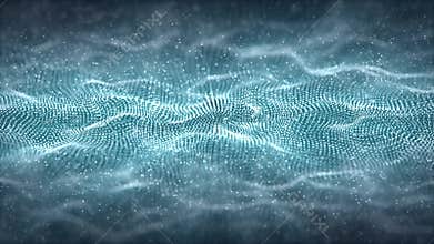 Seamless loop animation of abstract waves made of glowing blue and white particles with floating snow effect