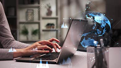 Close-up of hands typing on laptop.Online trading.VPN cybersecurity programmer, AI chatbot coding, developer engineer