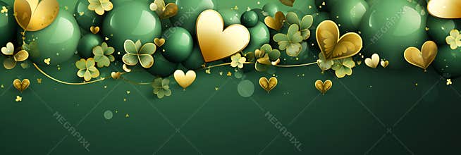 St. Patrick's Day card with Irish colored balloons on a green background, confetti and clover with gold coins, space