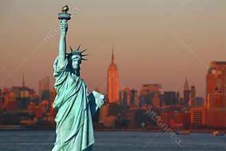 New York: The Statue of Liberty, an American symbol, with Lower