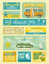 Vintage summer holidays and beach advertisements.