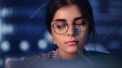 Woman big data analyzing working laptop cyberspace futuristic digital technology database closeup