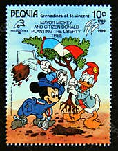 Postage stamp Grenadines of Saint Vincent Bequia 1989. Mayor Mickey and citizen Donald planting the Liberty tree