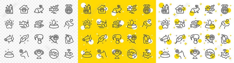 Outline Fishing, Fish school and Pet tags line icons. For web app. Vector