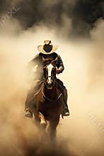 A man riding a horse wearing a cowboy hat in the dust of the prairie.