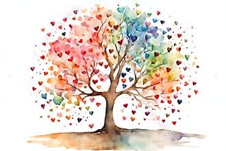 Love tree with heart leaves on white background, watercolor illustration.