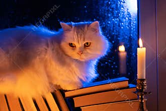 White fluffy cat resting atop pile of paper books, night rain in window, autumn