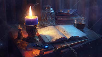 Candle magical fairytail spellbook full of wizard and witch spells