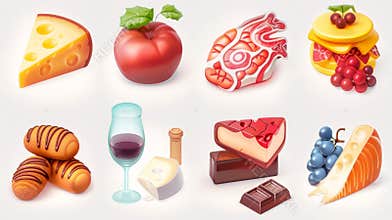 A set of cartoon food modern icons with wheat ear, milk, butter, fish, cheese, grapes, chocolates, and glasses of wine.