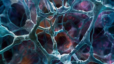 A highly detailed view of a plant cells cell wall showing a complex network of cellulose fibers and other proteins that