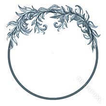 Watercolor monochrome gray round frame of abstract plant patterns and branches with leaves for borders, frames