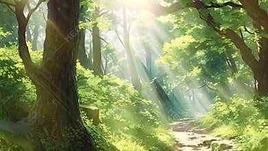 Mysterious forest with path and trees. 3D rendering, AI Generated