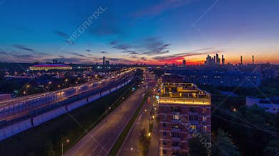 The Third Ring Road after sunset day to night timelapse aerial view from rooftop. Moscow, Russia.