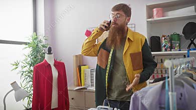 Bearded man in tailor shop talking on phone amid colorful fabrics and mannequins
