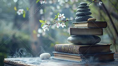 A stack of wellworn books on Qi Gong and Tai Chi representing the deep roots and longstanding history of these timeless