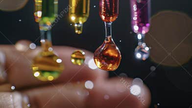 A of colorful Ayurvedic essential oils with droplets falling from a glass dropper onto a human hand. The oils symbolize