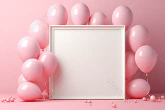 Greeting card with empty frame and pink balloons for birthday or celebration events. Generative AI